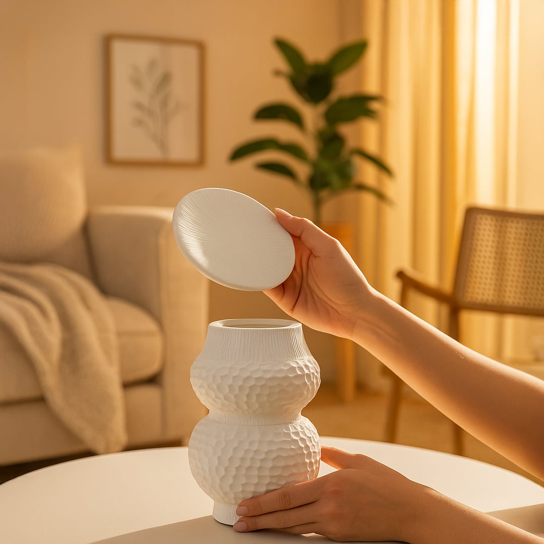 Modern white ceramic vase with artistic textured surface styled for elegant home decoration.