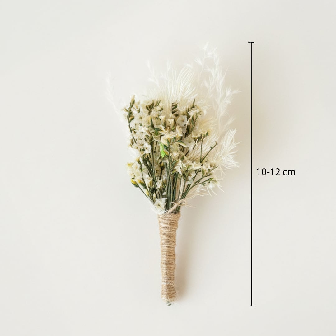 White dried flower bouquet with soft feathery texture and green stems showing height 10 to 12 cm for natural home Decor.
