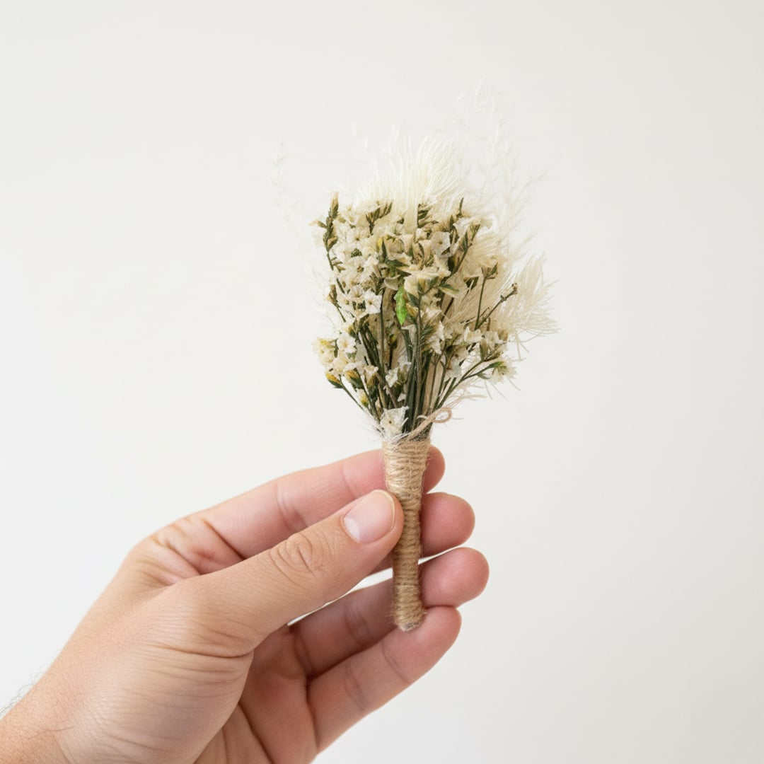 Natural dried flower bouquet in soft green and neutral tones hand held on white background for minimal decor and styling.