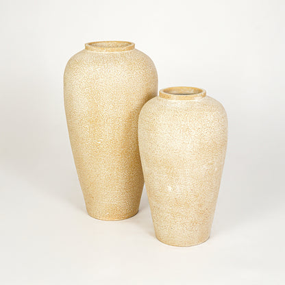 White background image of beige ceramic vase set for elegant floor decor styling with artistic textured finish.