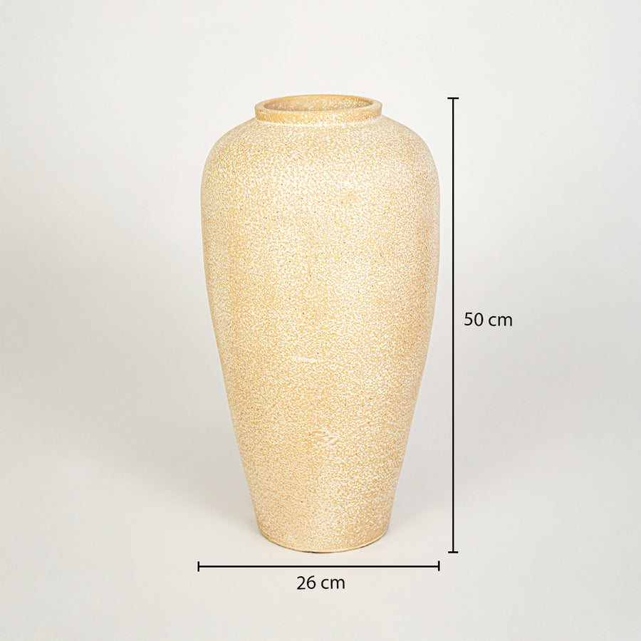 Dimension image of beige ceramic floor vase measuring 50 cm for elegant interior decor with textured matte finish.