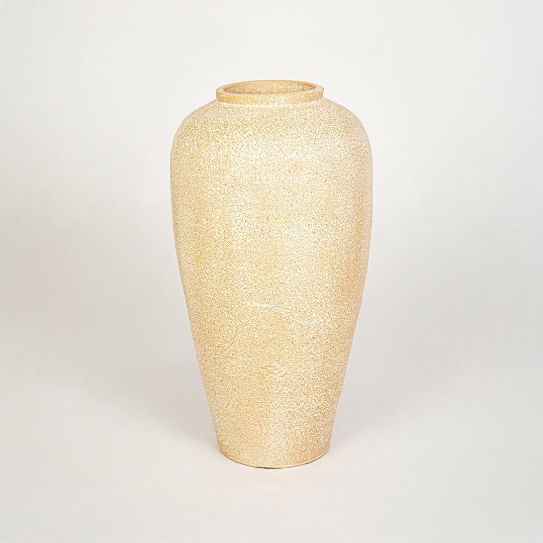 White background image of beige ceramic decorative vase for modern floor placement with rustic textured finish.
