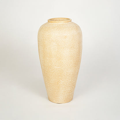 White background image of beige ceramic decorative vase for modern floor placement with rustic textured finish.