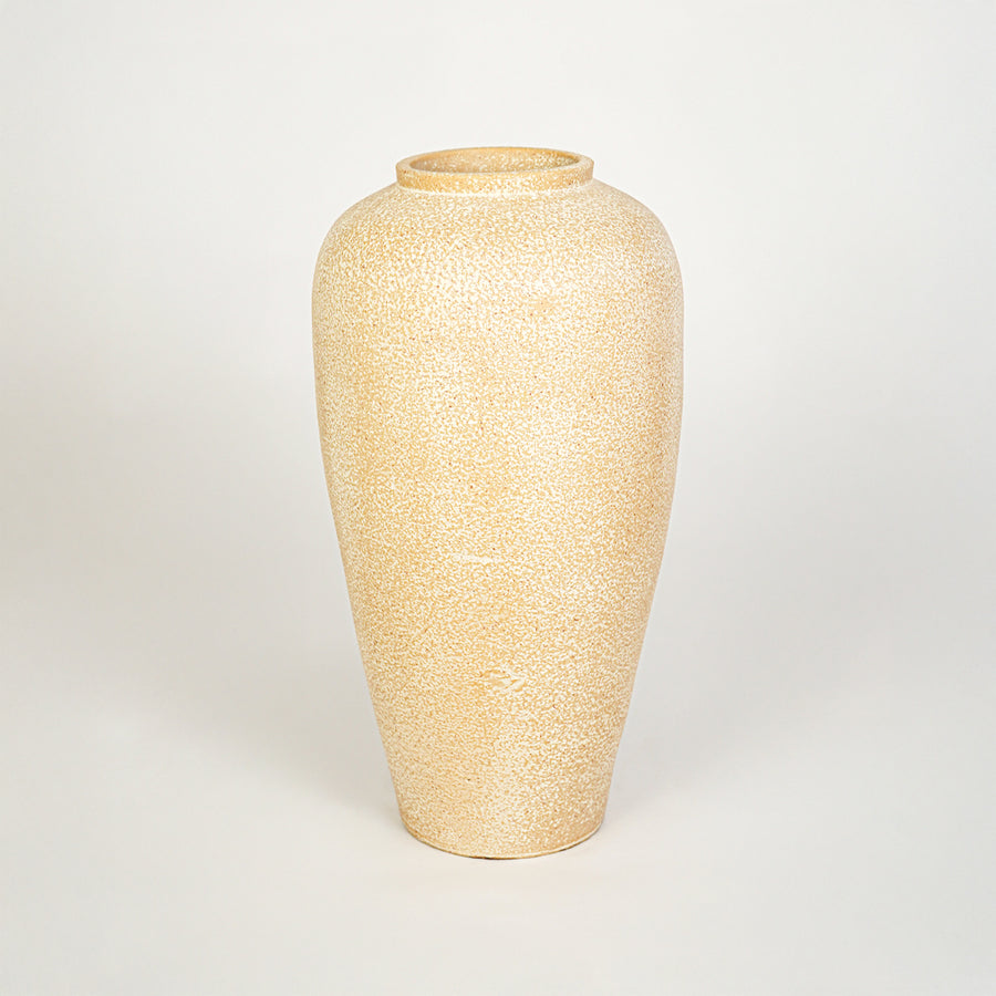 White background image of beige ceramic decorative vase for modern floor placement with rustic textured finish.
