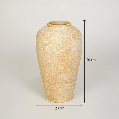 Dimension image of beige ceramic floor vase for elegant home decor styling with artistic textured finish.