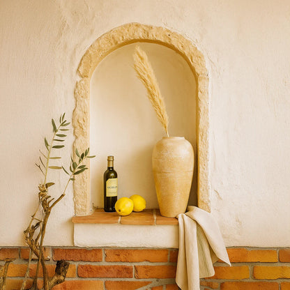 Lifestyle image of beige ceramic floor vase for modern living room decor styling with elegant rustic finish.