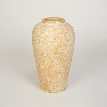 White background image of beige ceramic floor vase for elegant interior decor styling with textured matte finish.