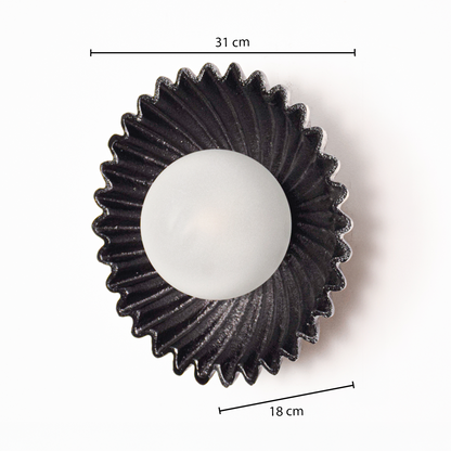 Wall light wall light shows 31 cm overall width with 18 cm center projection highlighting compact circular metal form with frosted globe.