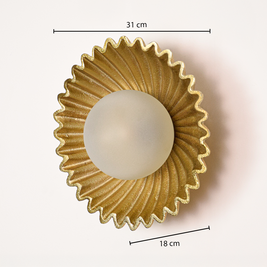 Wall light dimensions image showing 31 cm overall width and 18 cm globe size with gold fluted metal backplate and centered frosted glass light.