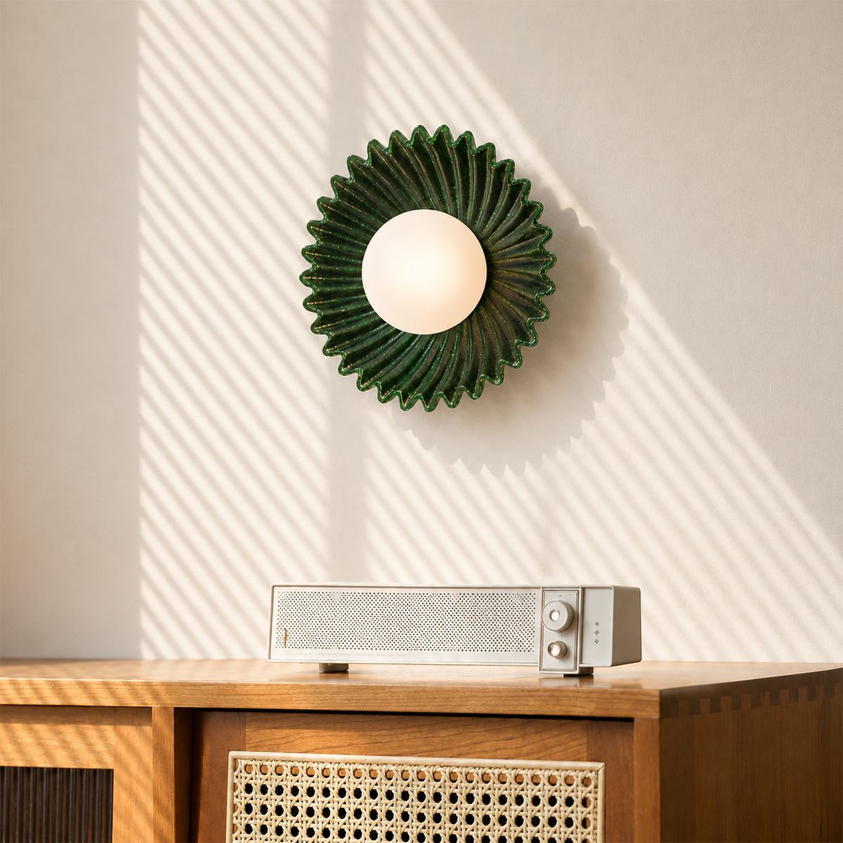 A green sunburst-shaped wall sconce with a white globe bulb mounted on a beige wall, casting diagonal shadows. Below the light, a silver and white radio sits on a wooden cabinet with a woven cane panel.