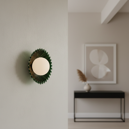 styled as a modern wall light in a soft minimal hallway setting with green fluted metal backplate and glowing glass globe for luxury Decor.