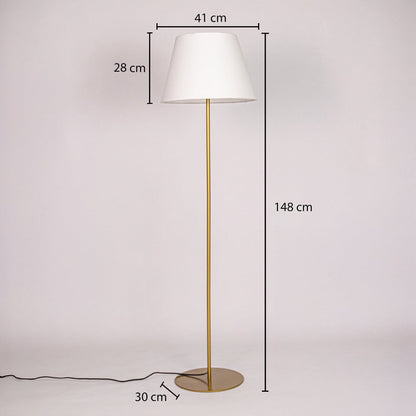 Gold floor lamp showing 148 cm total height 41 cm shade width and 28 cm shade height and 30 cm round base diameter.