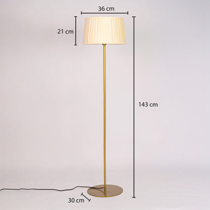 Gold floor lamp showing 143 cm height 36 cm shade width 21 cm shade height and 30 cm round base diameter.