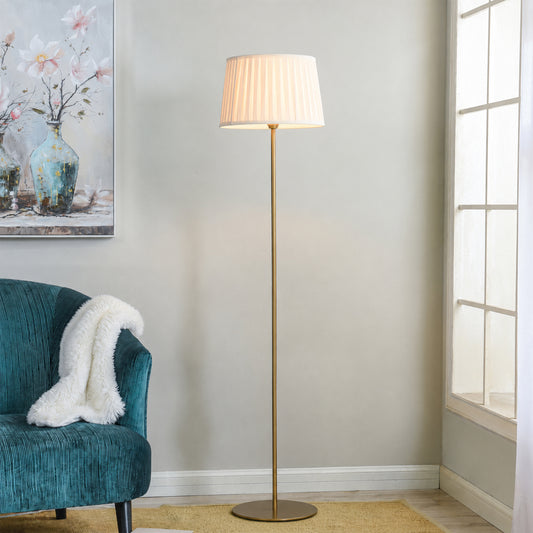 Klaviyo Linear Gold Floor Lamp with Pleated Drum Shade - Off White