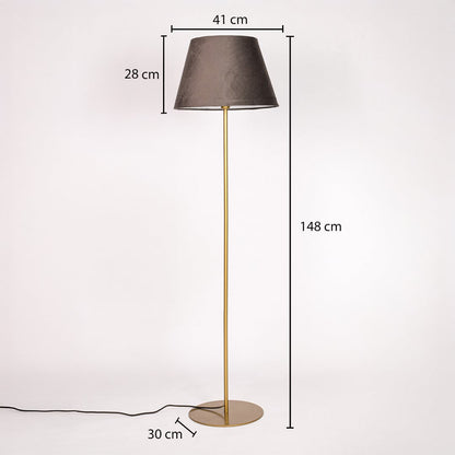 Gold metal floor lamp with dark grey fabric shade dimension image showing 148 cm height 41 cm shade width and 30 cm base.