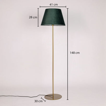 Gold metal floor lamp with green fabric shade dimension image showing 148 cm height 41 cm shade width and 30 cm base.