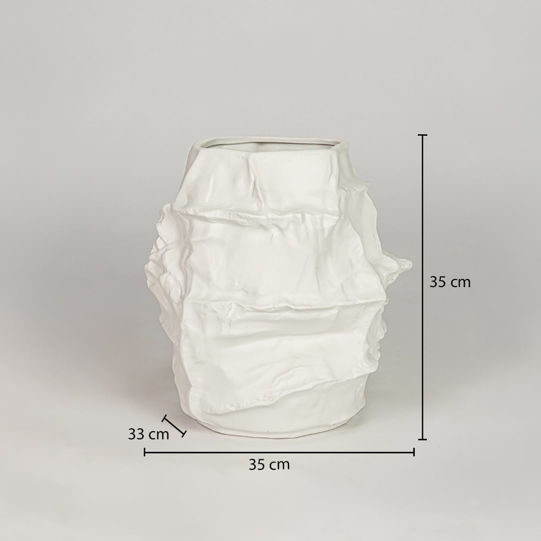 White ceramic decorative flower vase size 35 cm height 35 cm width 33 cm depth textured designer vase for table floor console styling.