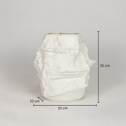 White ceramic decorative flower vase size 35 cm height 35 cm width 33 cm depth textured designer vase for table floor console styling.