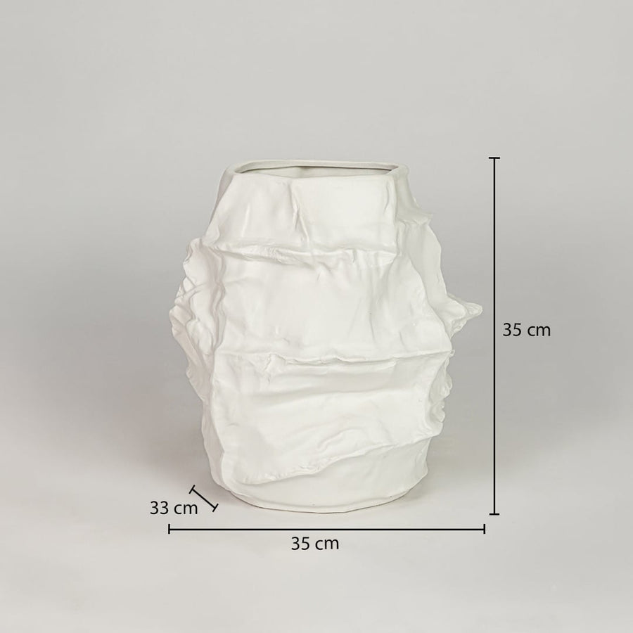 White ceramic decorative flower vase size 35 cm height 35 cm width 33 cm depth textured designer vase for table floor console styling.