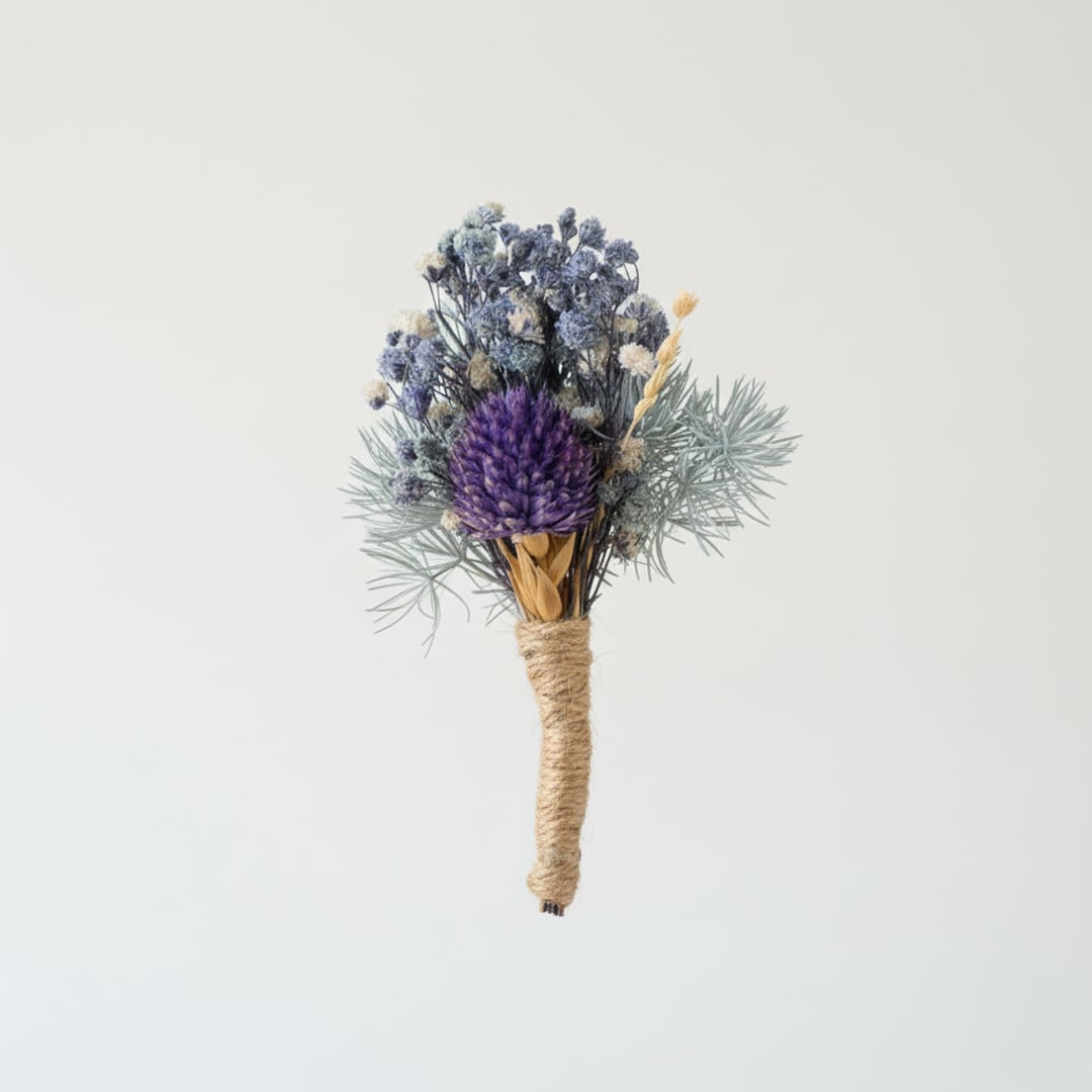 Decorative dried flower bouquet with mixed blue purple tones wrapped in natural twine perfect for table shelf styling.