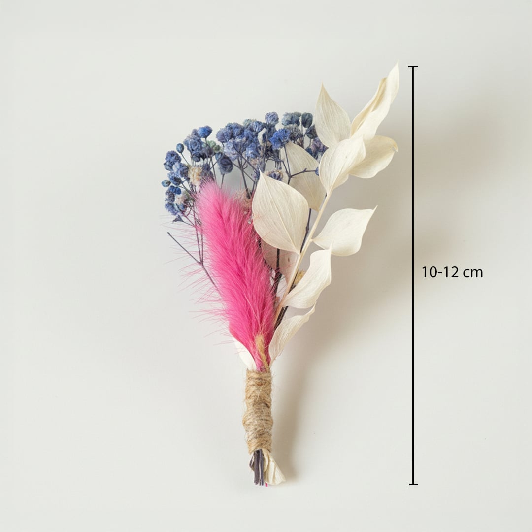 Dried floral bunch with blue blooms cream leaves and pink feather showing height 10 to 12 cm ideal for small vase Decor.