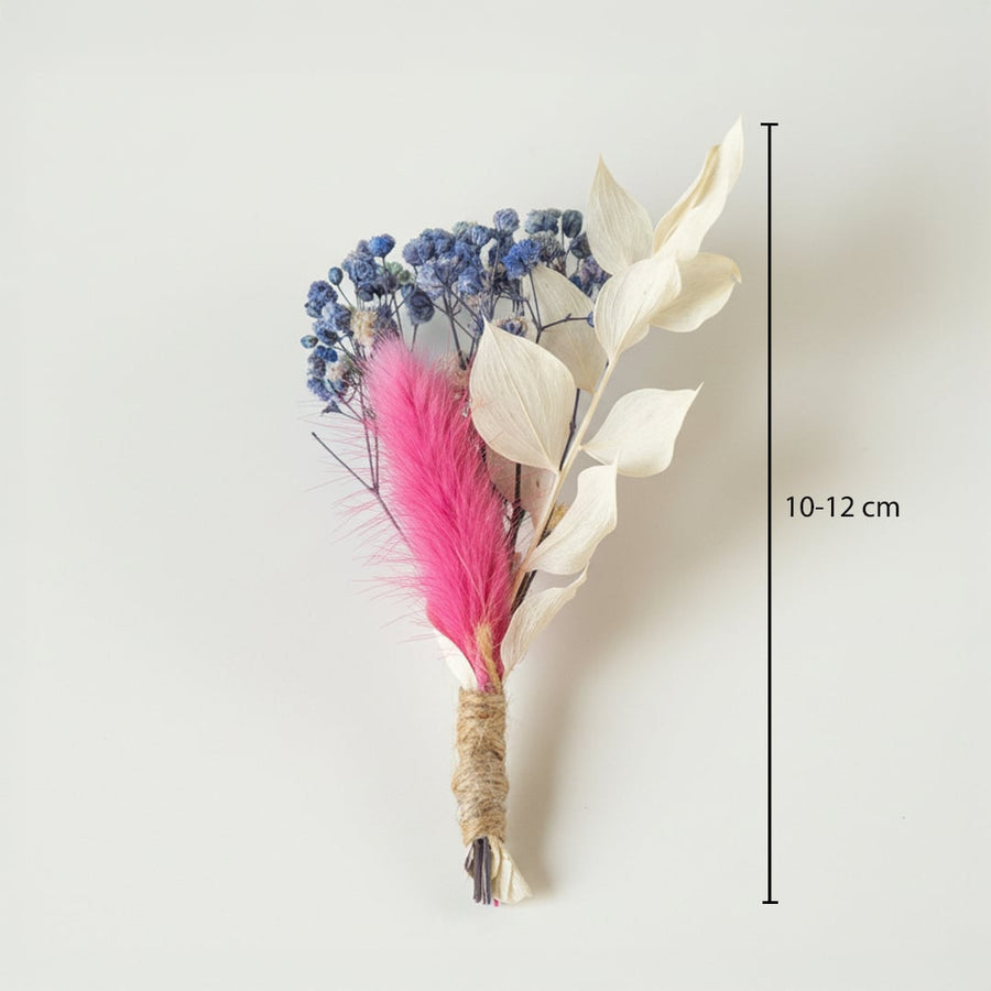 Dried floral bunch with blue blooms cream leaves and pink feather showing height 10 to 12 cm ideal for small vase Decor.