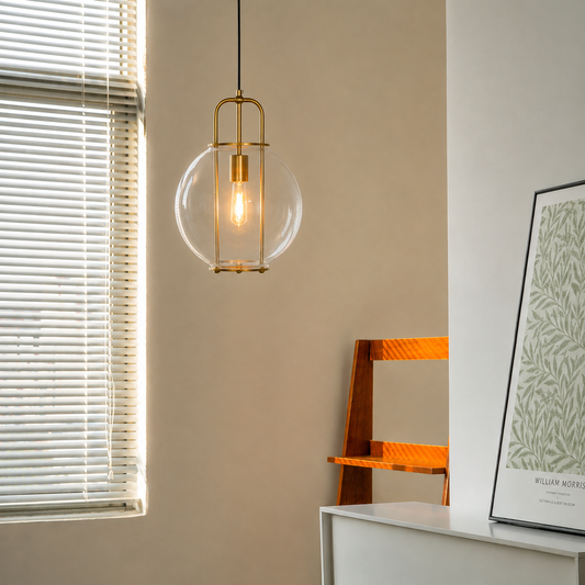 Lifestyle image of korean inspired globe glass hanging pendant lamp for elegant dining room decor styling and modern home lighting design.
