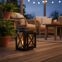 Outdoor wooden deck styled with black lanterns and seating creating warm evening ambience for patio and garden Decor.