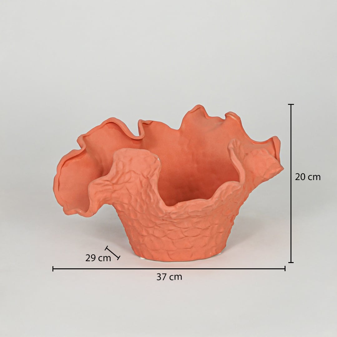 Orange ceramic decorative vase size 20 cm height 37 cm length modern textured flower vase dimension reference image.
