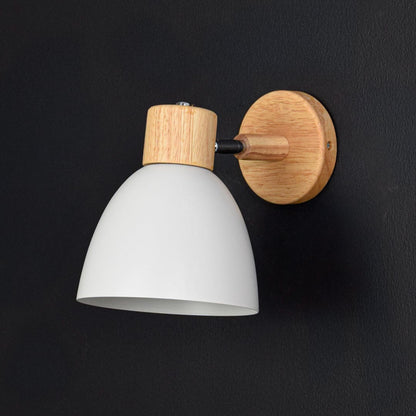White wall lamp with wooden holder turned off against black wall showcasing its sleek contrast and stylish finish.
