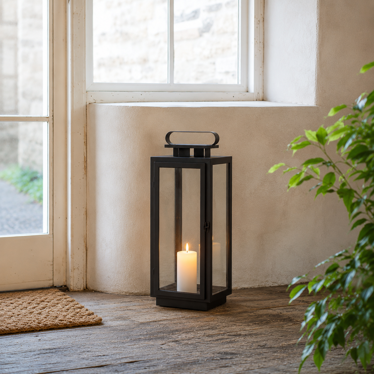 Minimalist black metal glass floor candle lantern for house indoor entryway porch steps and contemporary home decor styling.