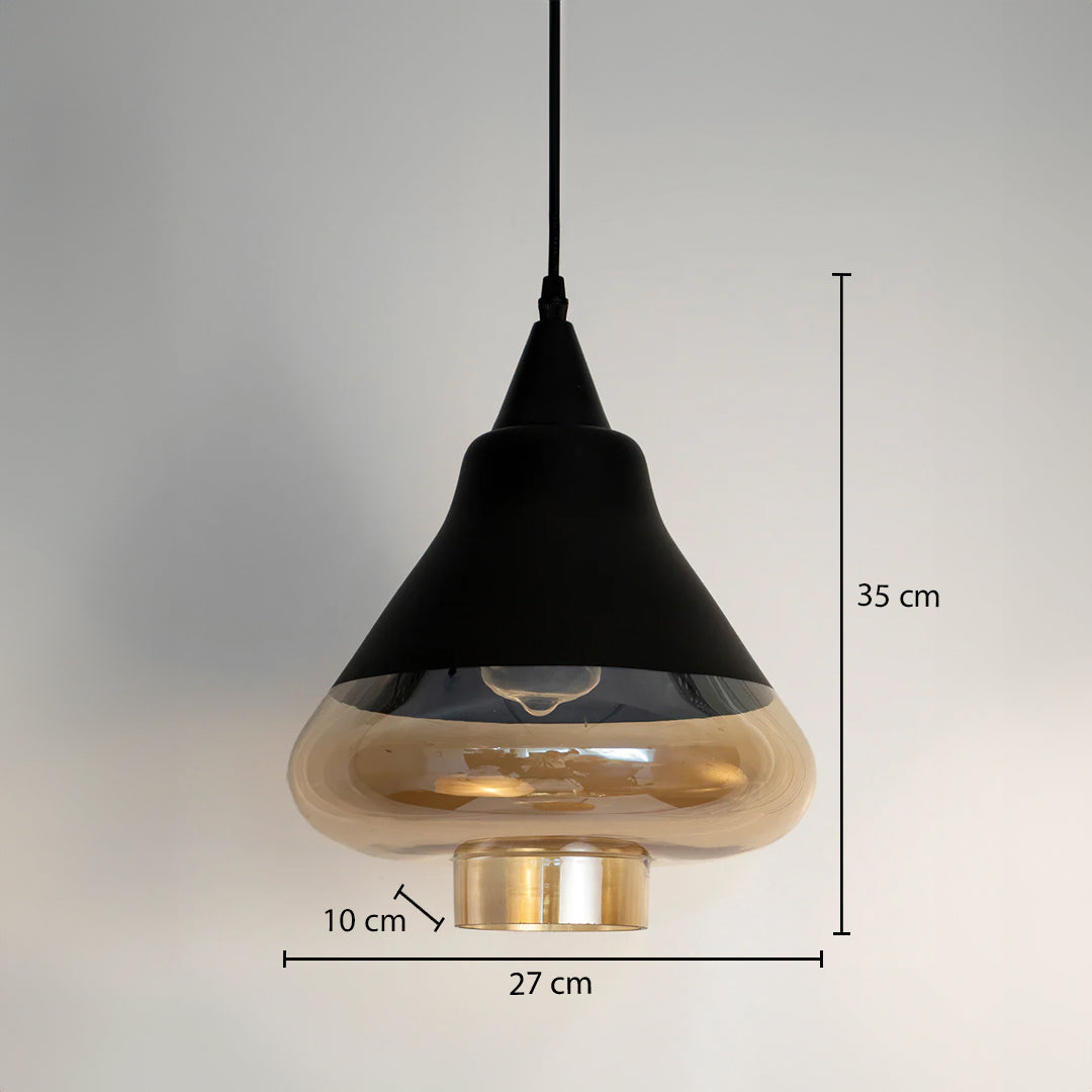 Dimension image of black and amber glass pendant light with modern silhouette showing 35 cm height and 27 cm width.