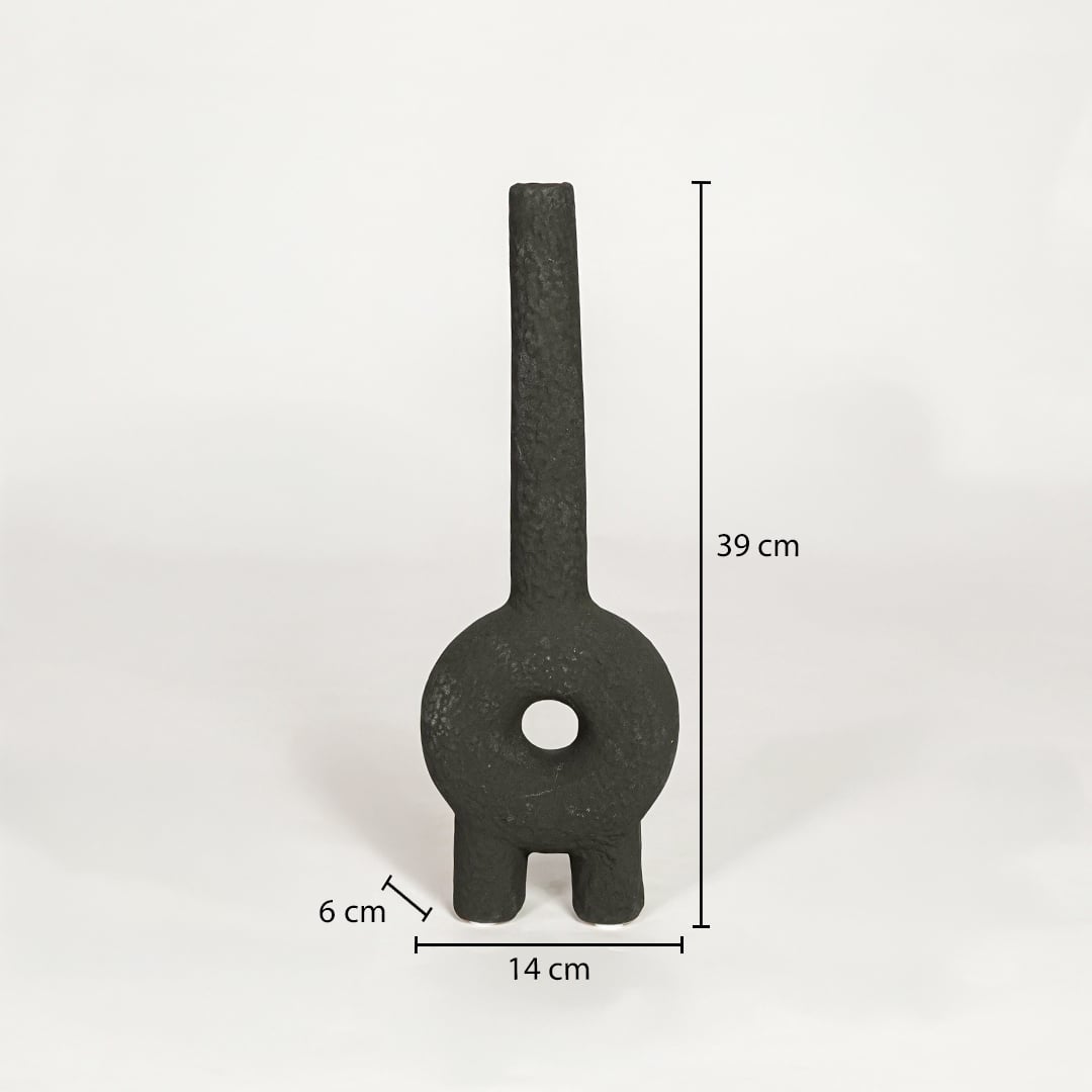 Black ceramic sculptural decorative vase showing 14 cm width 6 cm depth and 39 cm height ideal for console table decor display.