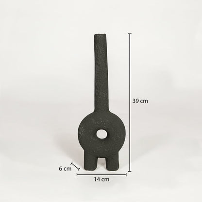 Black ceramic sculptural decorative vase showing 14 cm width 6 cm depth and 39 cm height ideal for console table decor display.