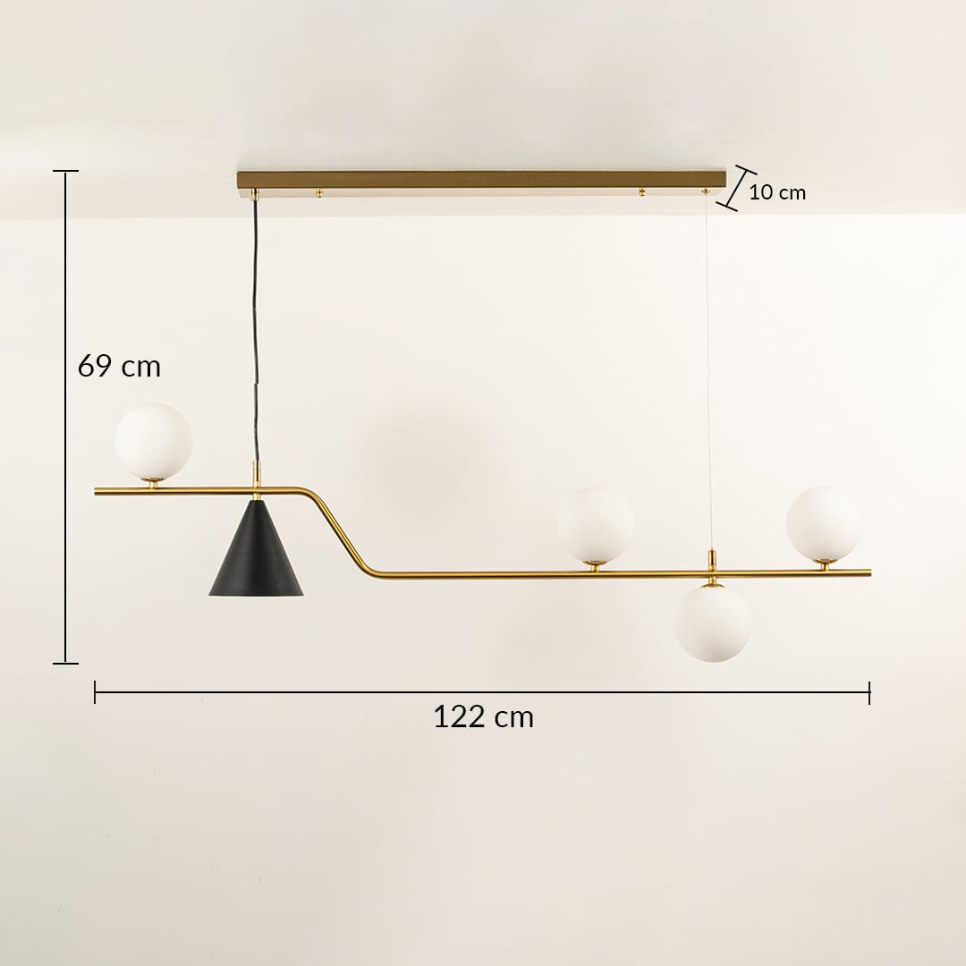 Gold metal chandelier with frosted glass globe shades measuring 69 cm height and 122 cm width for modern interiors.