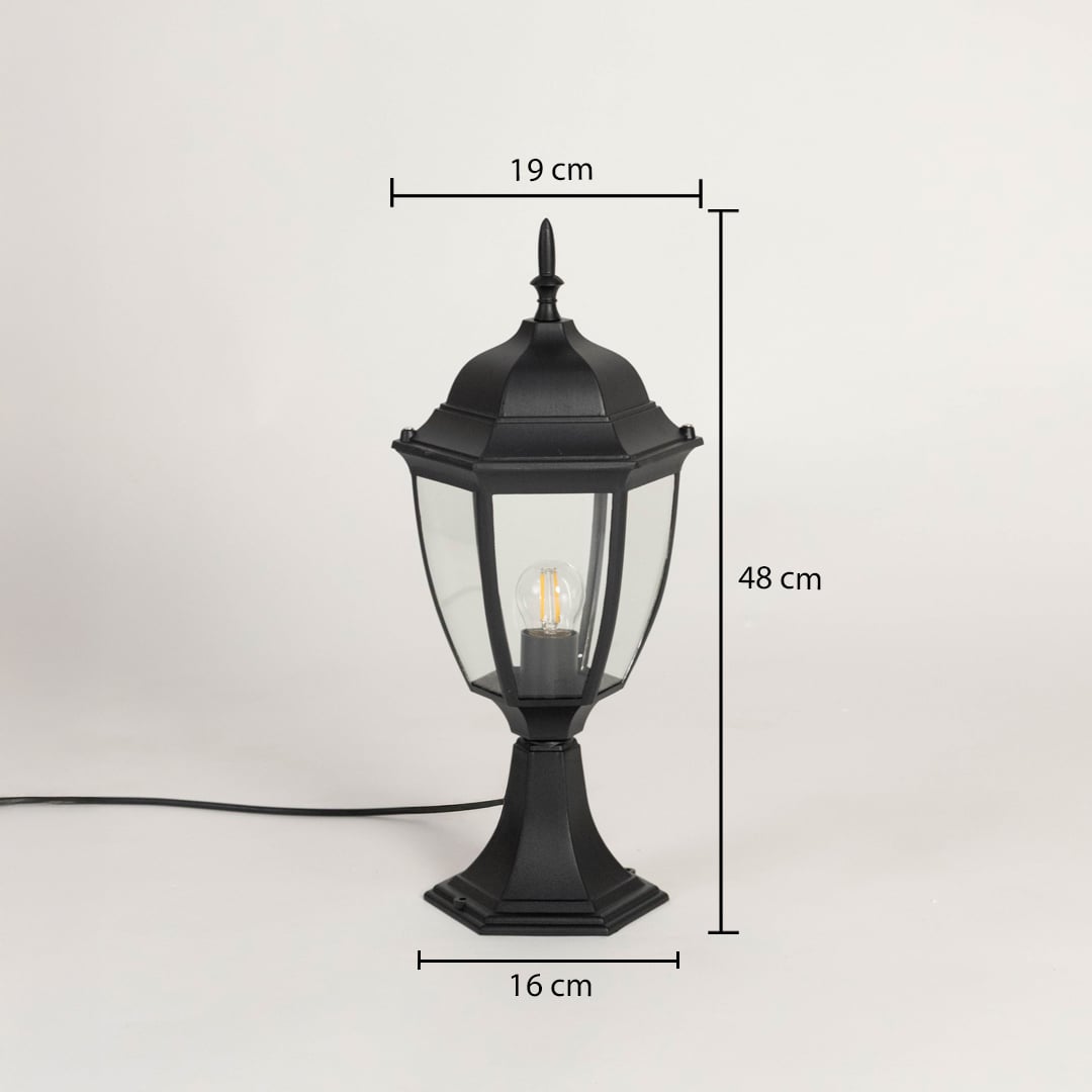 Outdoor pillar lamp in matte black finish with clear glass showing 48 cm height 19 cm width and 16 cm base size.