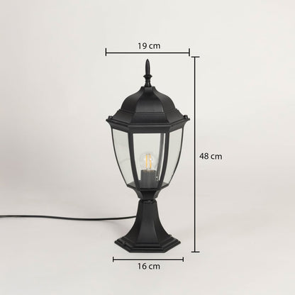Outdoor pillar lamp in matte black finish with clear glass showing 48 cm height 19 cm width and 16 cm base size.