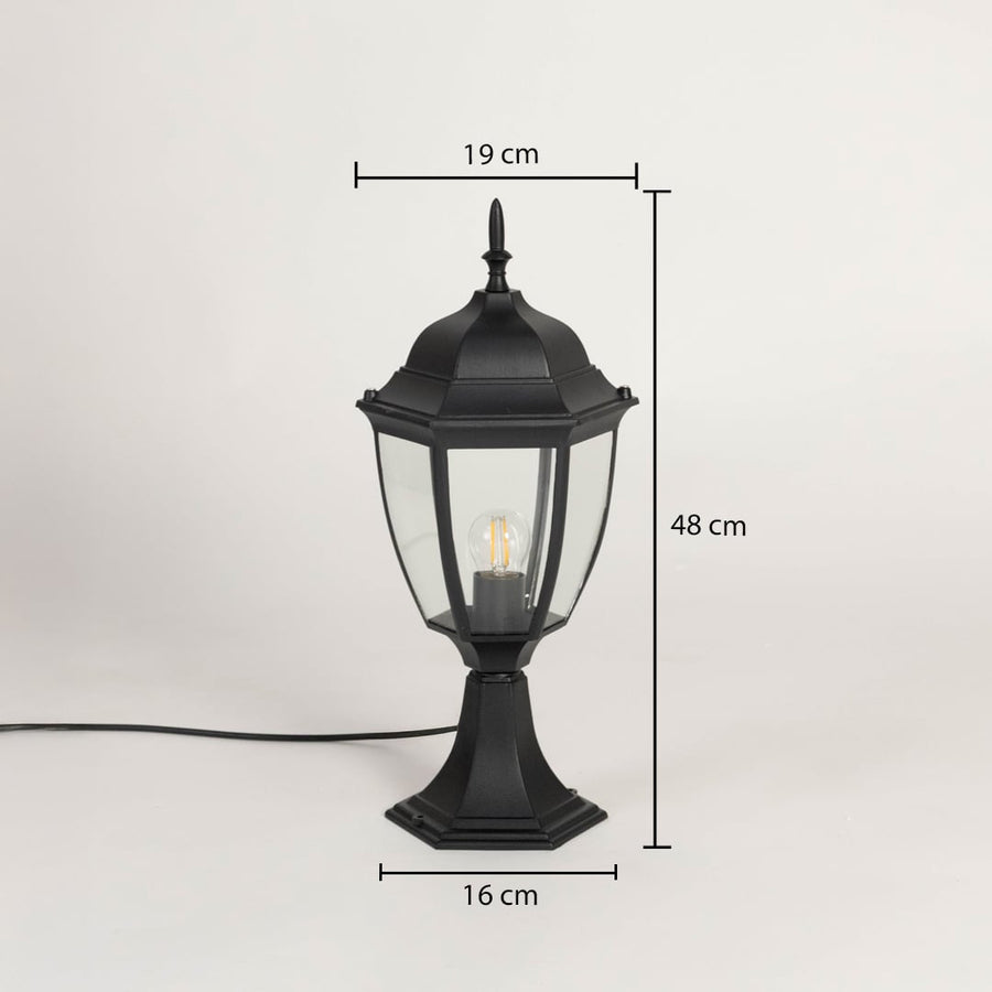 Outdoor pillar lamp in matte black finish with clear glass showing 48 cm height 19 cm width and 16 cm base size.
