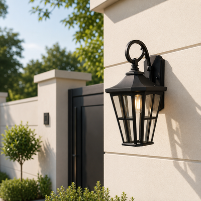Vintage black iron scroll arm tapered cage glass wall lantern fixture on stone pillar for outdoor home entryway lighting.