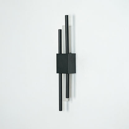 Modern black metal wall light with dual rod design displayed on white background for contemporary home lighting decor.