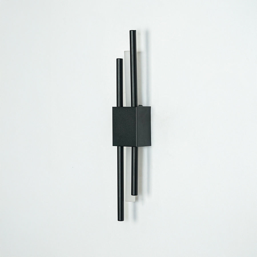 Modern black metal wall light with dual rod design displayed on white background for contemporary home lighting decor.