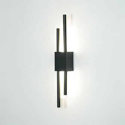 Contemporary black metal wall light with dual linear rods mounted on white background for modern interior lighting decor.