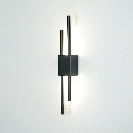 Contemporary black metal wall light with dual linear rods mounted on white background for modern interior lighting decor.