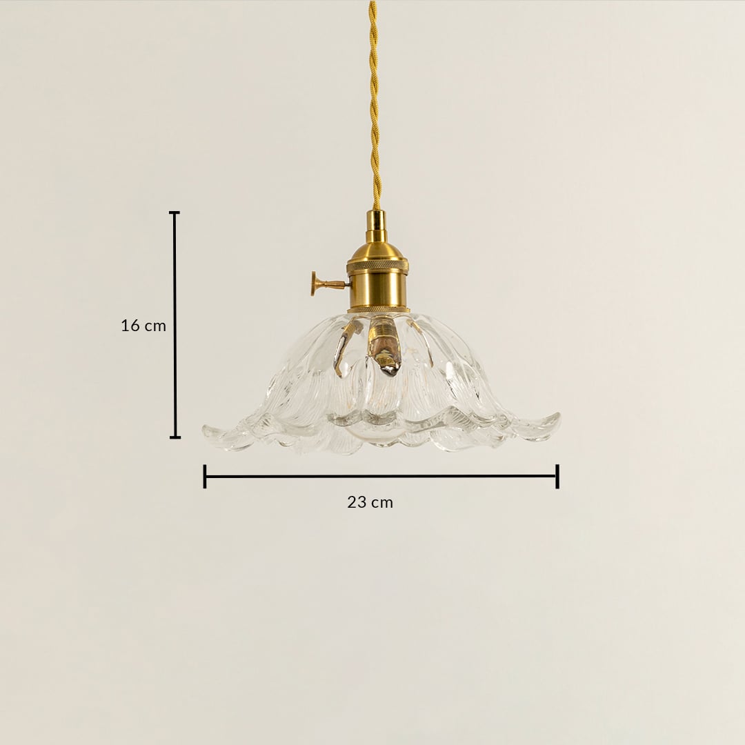 Clear wavy glass and brass pendant light dimension image with 23 cm width and 16 cm height for luxury dining placement.