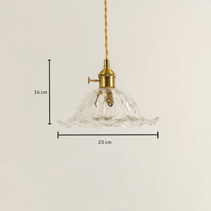 Clear wavy glass and brass pendant light dimension image with 23 cm width and 16 cm height for luxury dining placement.