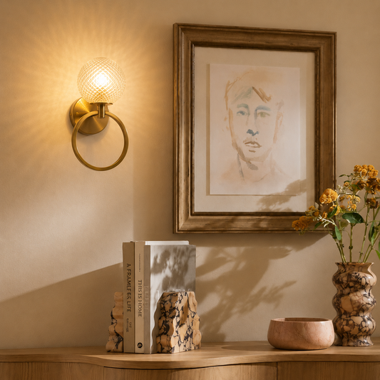 Lifestyle image of lattice ring metal wall sconce for elegant hallway decor styling and modern home interior lighting.