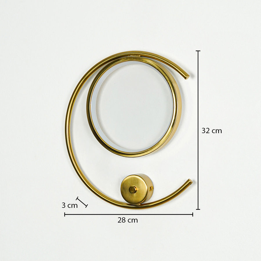 Dimension image of gold metal led ring wall light for elegant hallway decor styling and modern luxury home interior design.