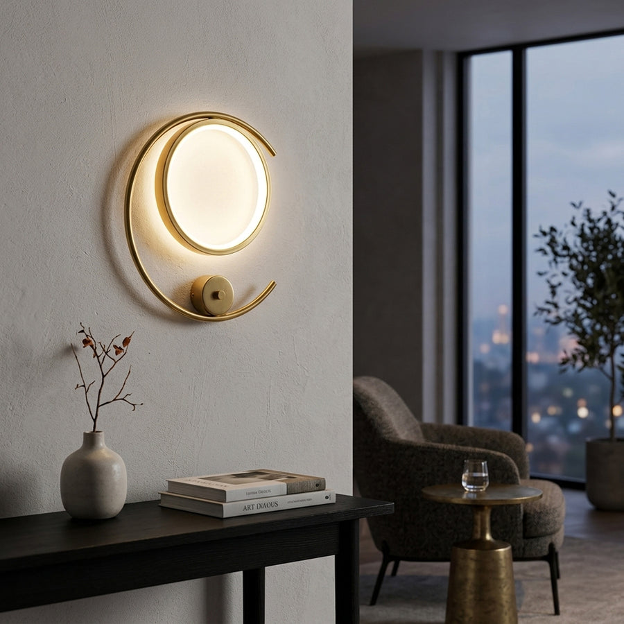 Elegant warm illumination gold metal led ring wall light for modern hallway decor styling and luxury home lighting design