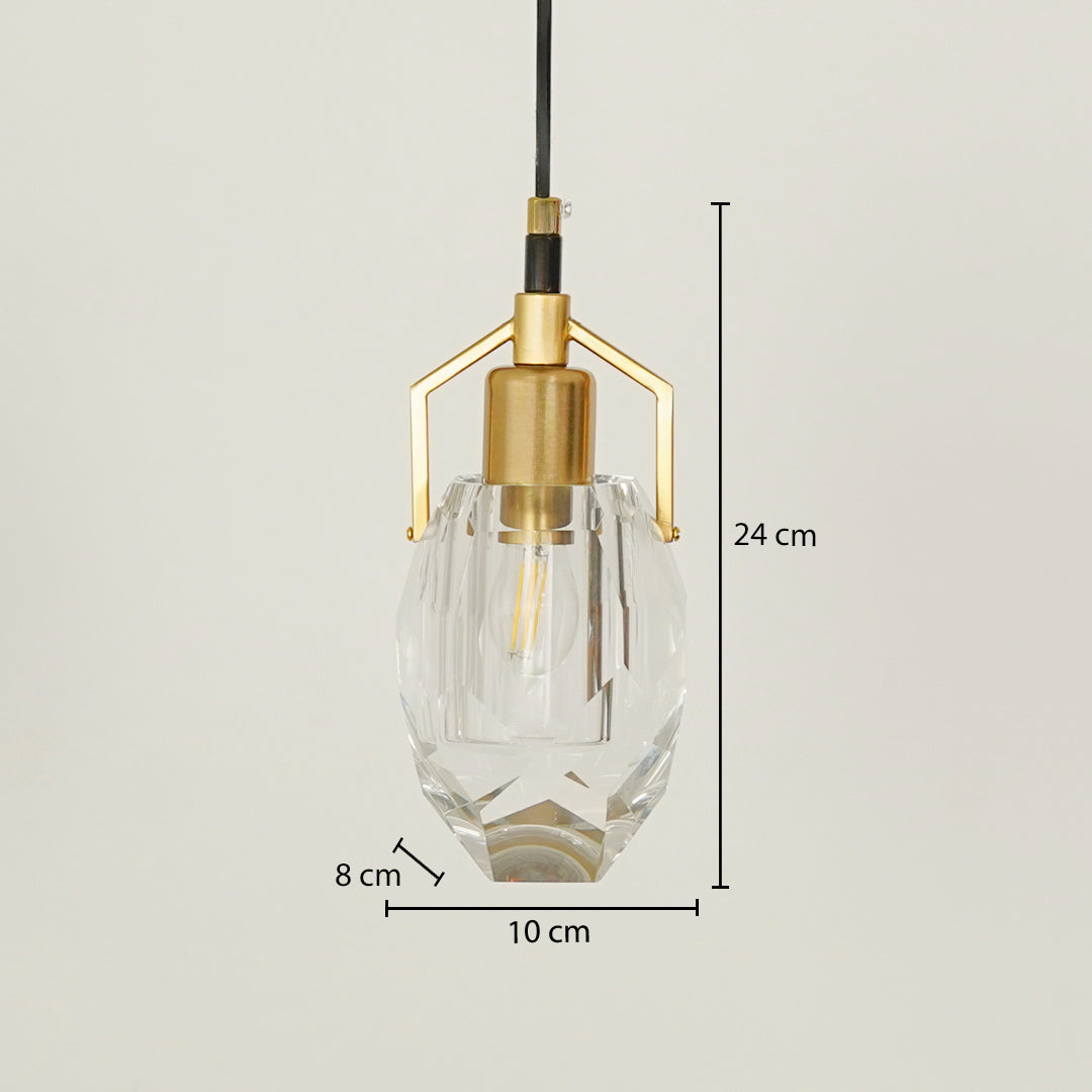 Modern gold glass pendant light measuring 31 cm height 14 cm width and 8 cm top diameter on white background.
