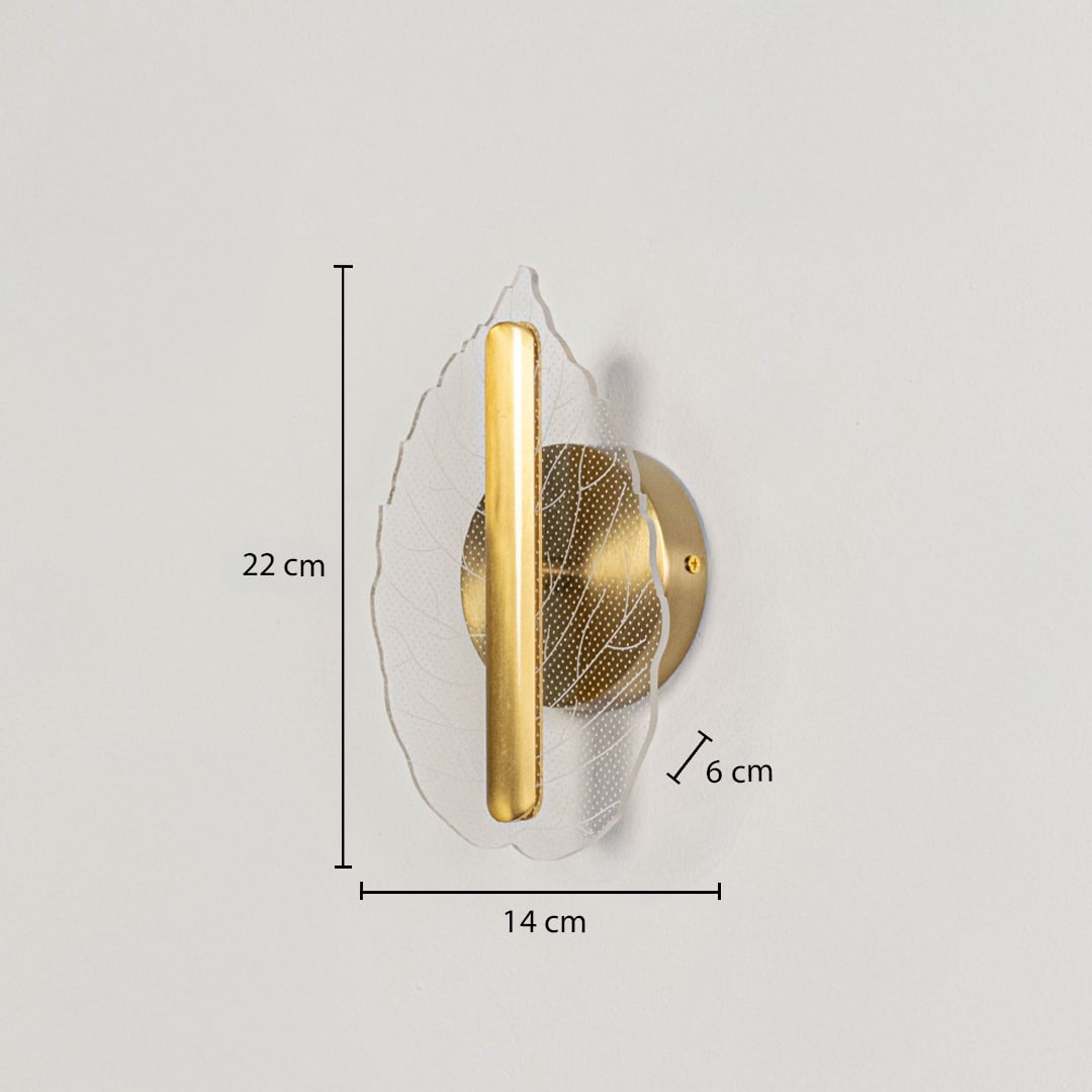 Gold metal wall light with clear leaf glass showing dimensions 22 cm height 14 cm width and 6 cm depth for accurate fitting.